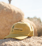 Yellow cap with Joshua Tree National Park logo on a rock with Joshua Tree in the background